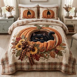 Black Whiskers Cat 3 Piece Quilted Bedding Set Gift For Cat Lovers