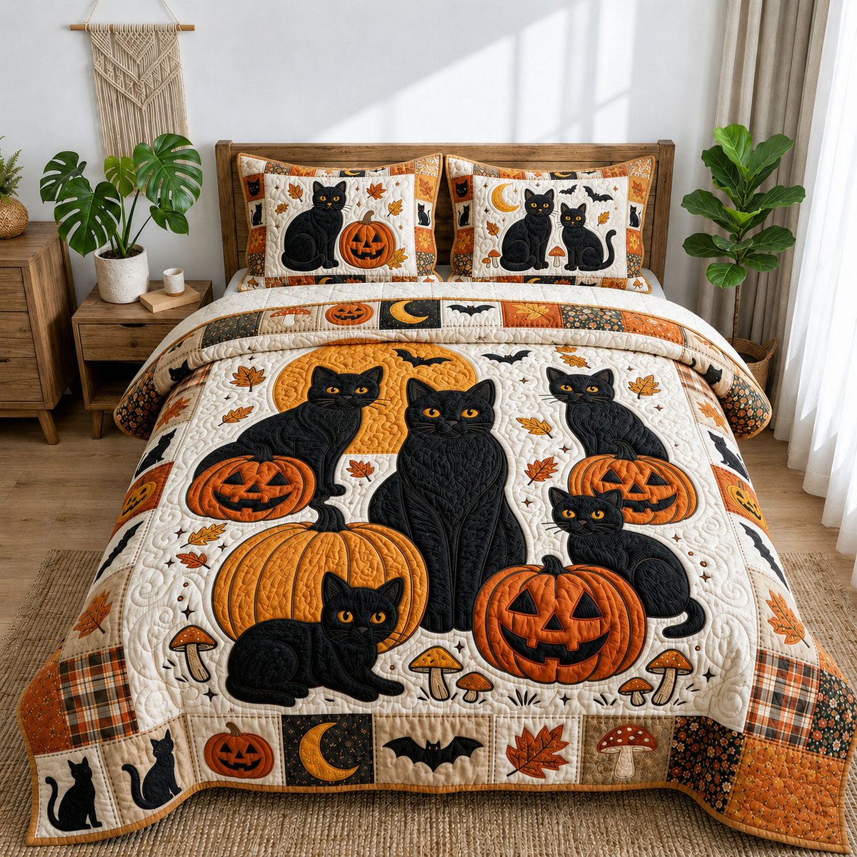 Black Cats 3 Piece Quilted Bedding Set Halloween Gift For Cat Lovers