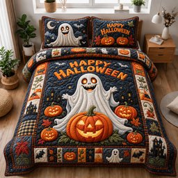 Happy Ghost Pumpkin 3 Piece Quilted Bedding Set Halloween Gift For Gothic Decor Lovers