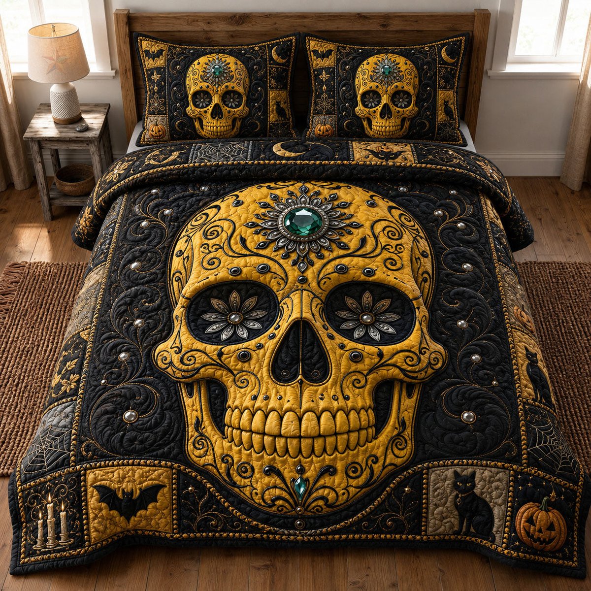 Golden Sugar Skull 3 Piece Quilted Bedding Set Halloween Gift For Gothic Decor Lovers