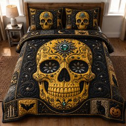 Golden Sugar Skull 3 Piece Quilted Bedding Set Halloween Gift For Gothic Decor Lovers