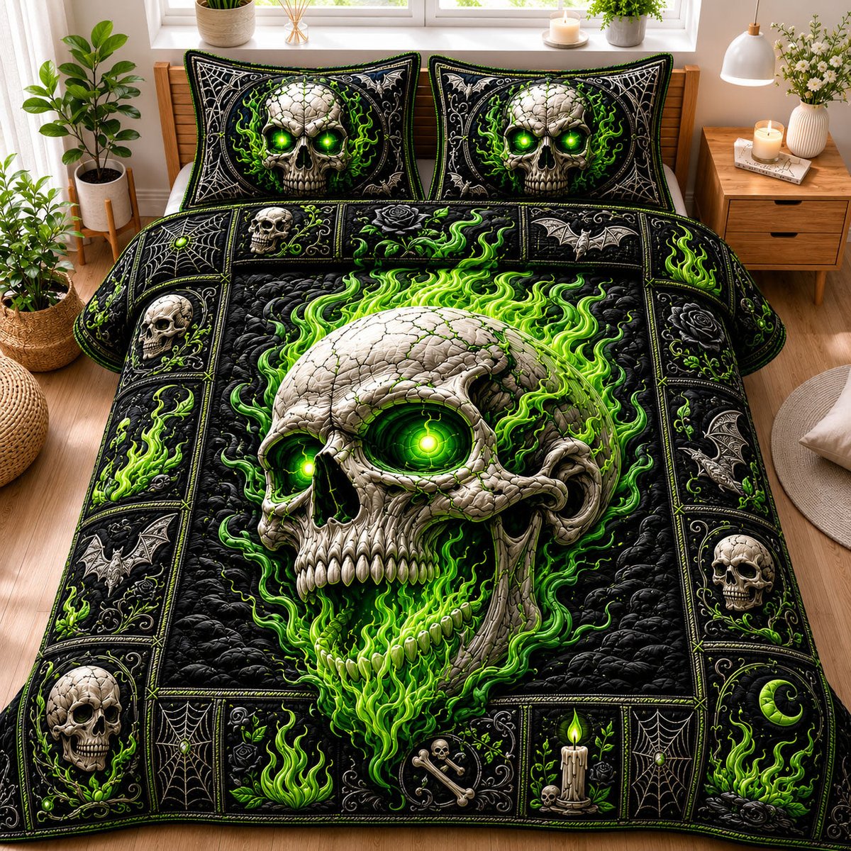 Green Flame Skull 3 Piece Quilted Bedding Set Halloween Gift For Gothic Decor Lovers