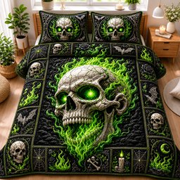 Green Flame Skull 3 Piece Quilted Bedding Set Halloween Gift For Gothic Decor Lovers