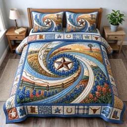 Bluebonnets Cowboy 3 Piece Quilted Bedding Set Gift For Western Lovers