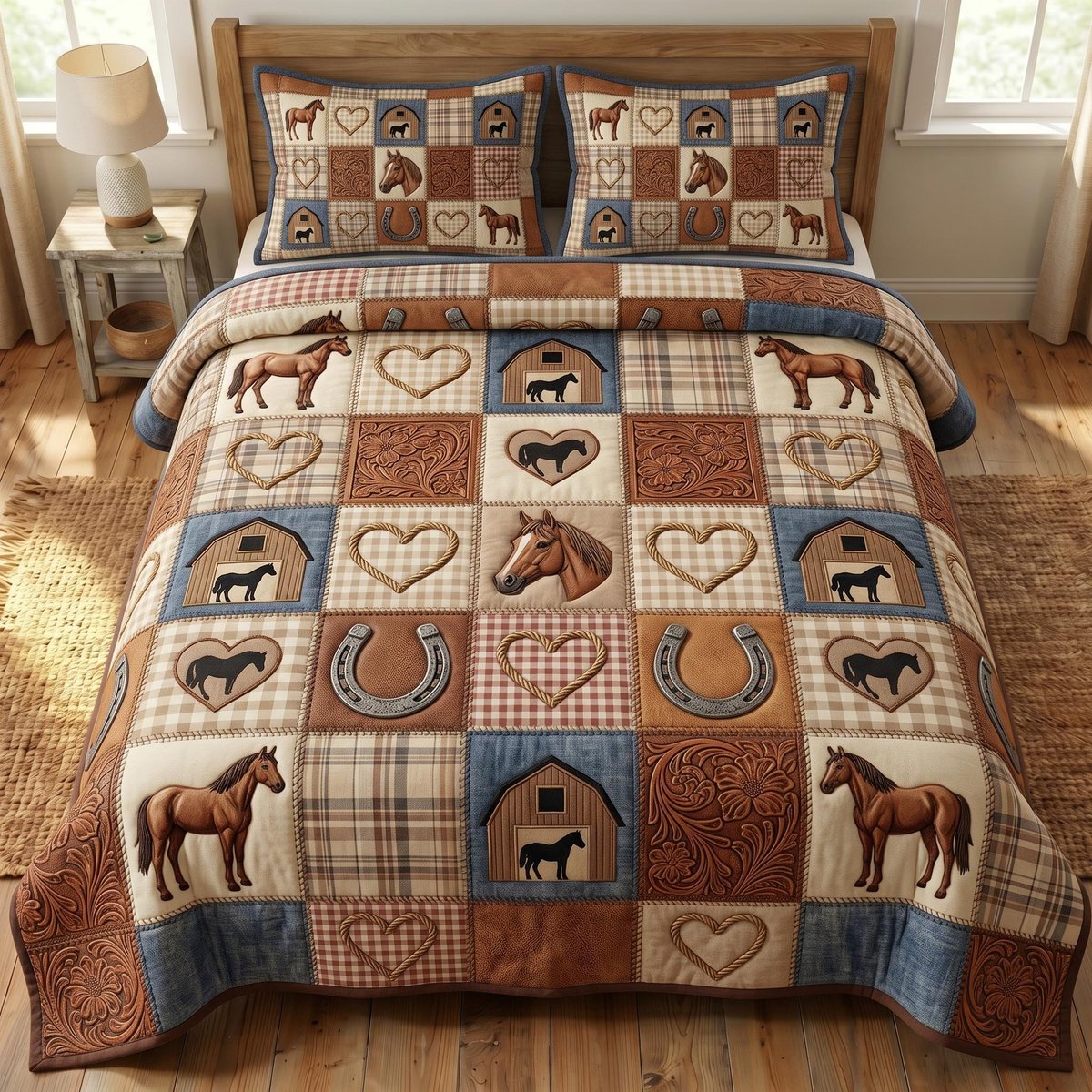 Farmhouse Horse 3 Piece Quilted Bedding Set Gift For Horse Lovers