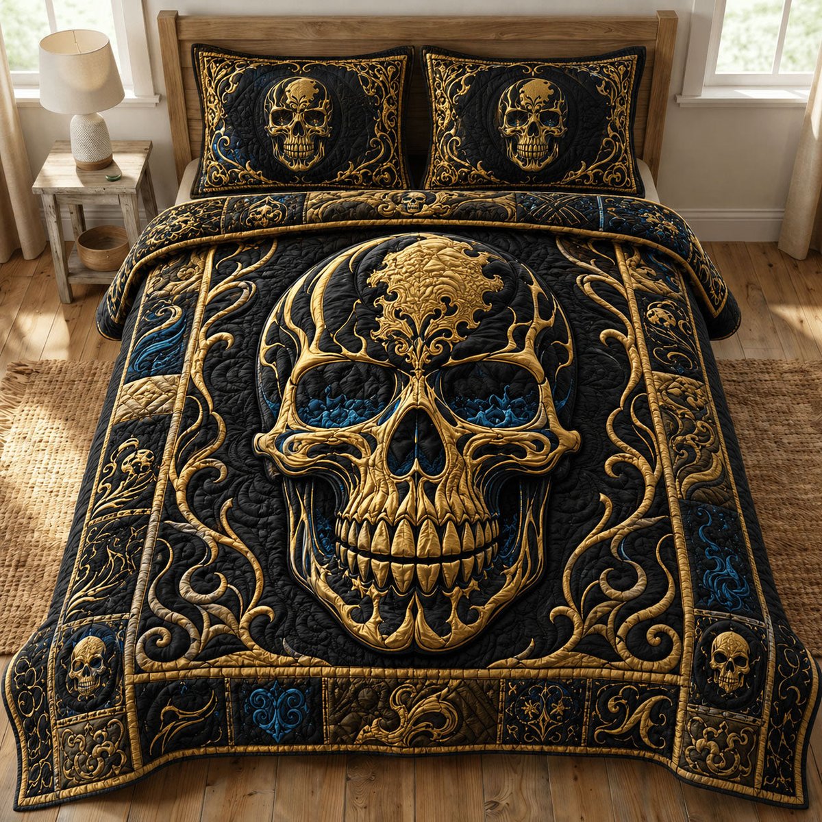 Golden Gothic Skull 3 Piece Quilted Bedding Set Gift For Gothic Decor Lovers