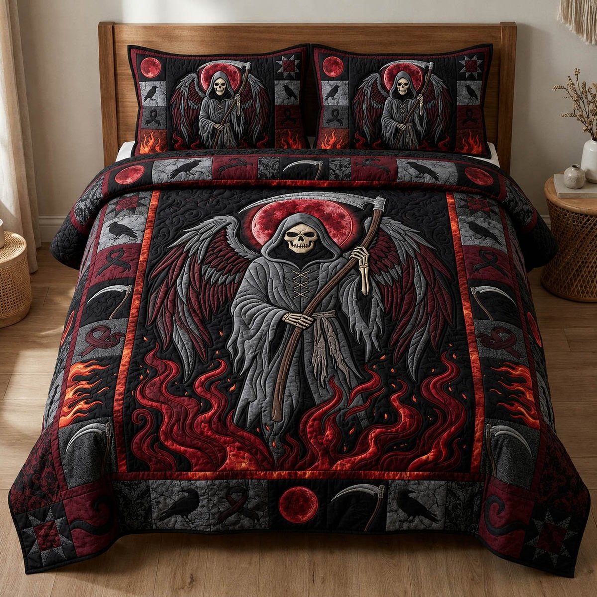 Grim Reaper 3 Piece Quilted Bedding Set Gift For Cat Lovers