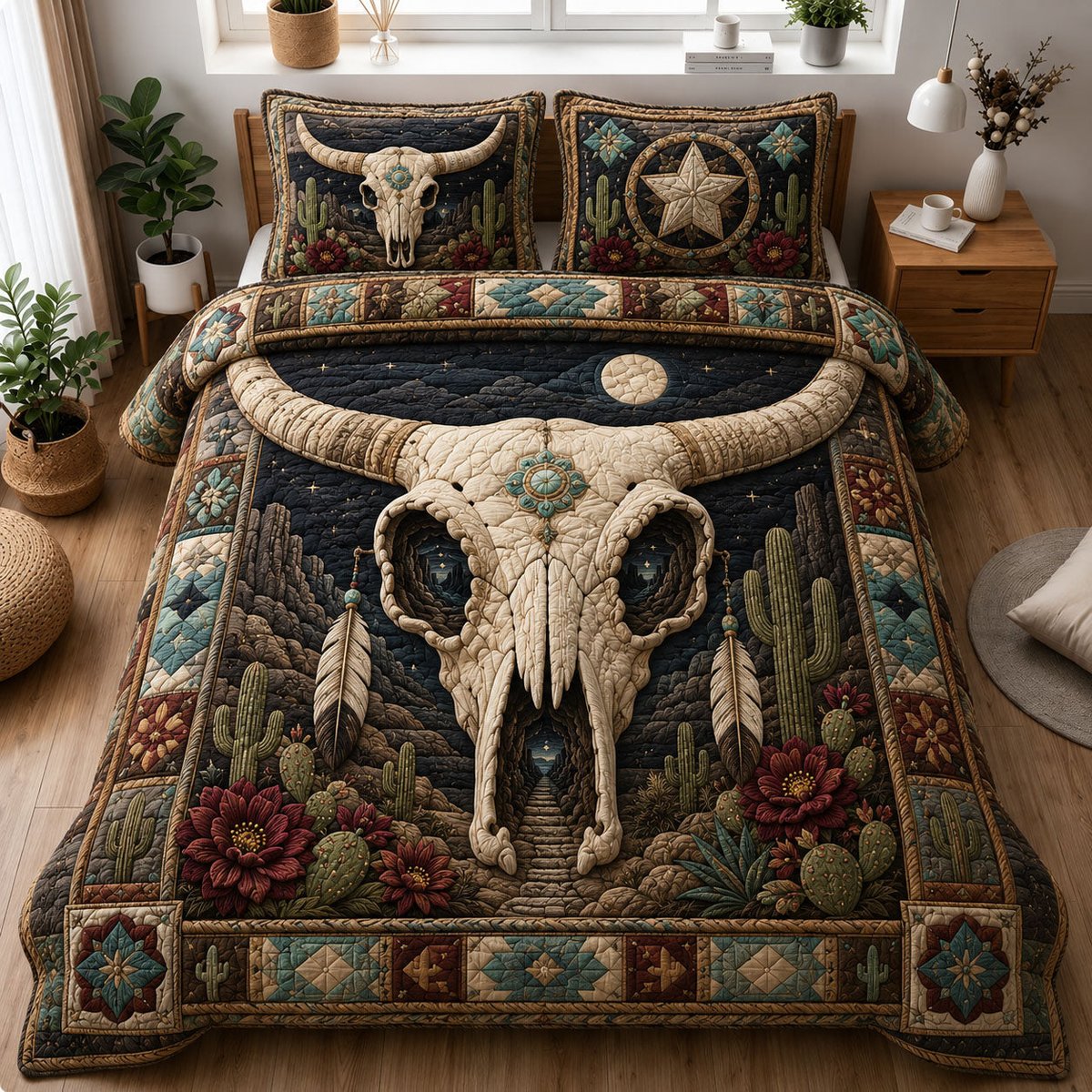 Southwestern Longhorn Skull Desert 3 Piece Quilted Bedding Set Gift For Western Lovers