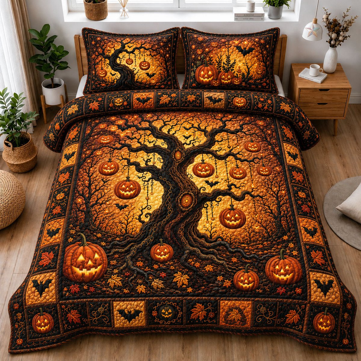 Enchanted Pumpkin Tree 3 Piece Quilted Bedding Set Gift For Cat Lovers