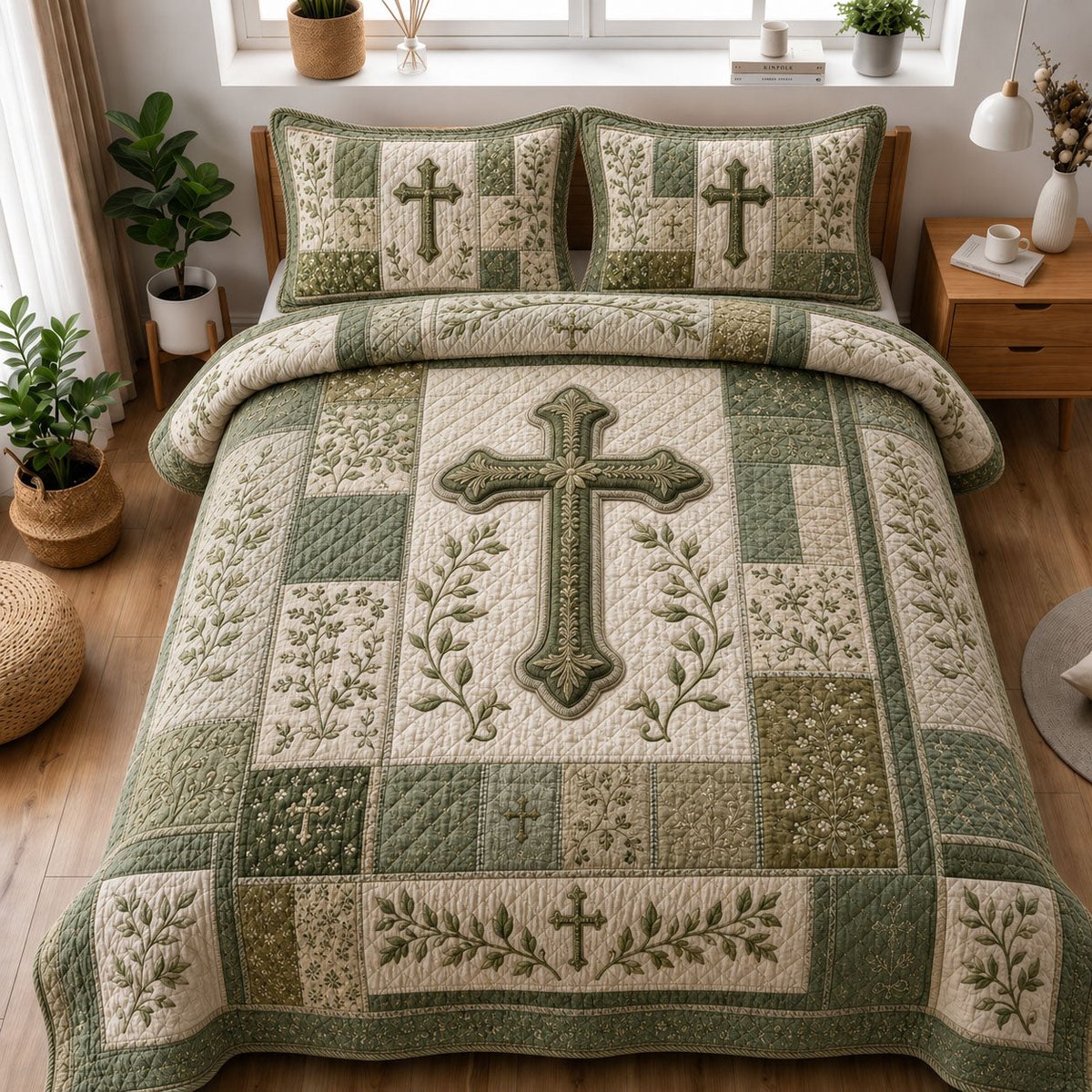 Sage Green Botanical Cross Christian 3 Piece Quilted Bedding Set Gift For Christians
