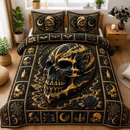 Midnight Gold Gothic Skull 3 Piece Quilted Bedding Set Gift For Gothic Decor Lovers