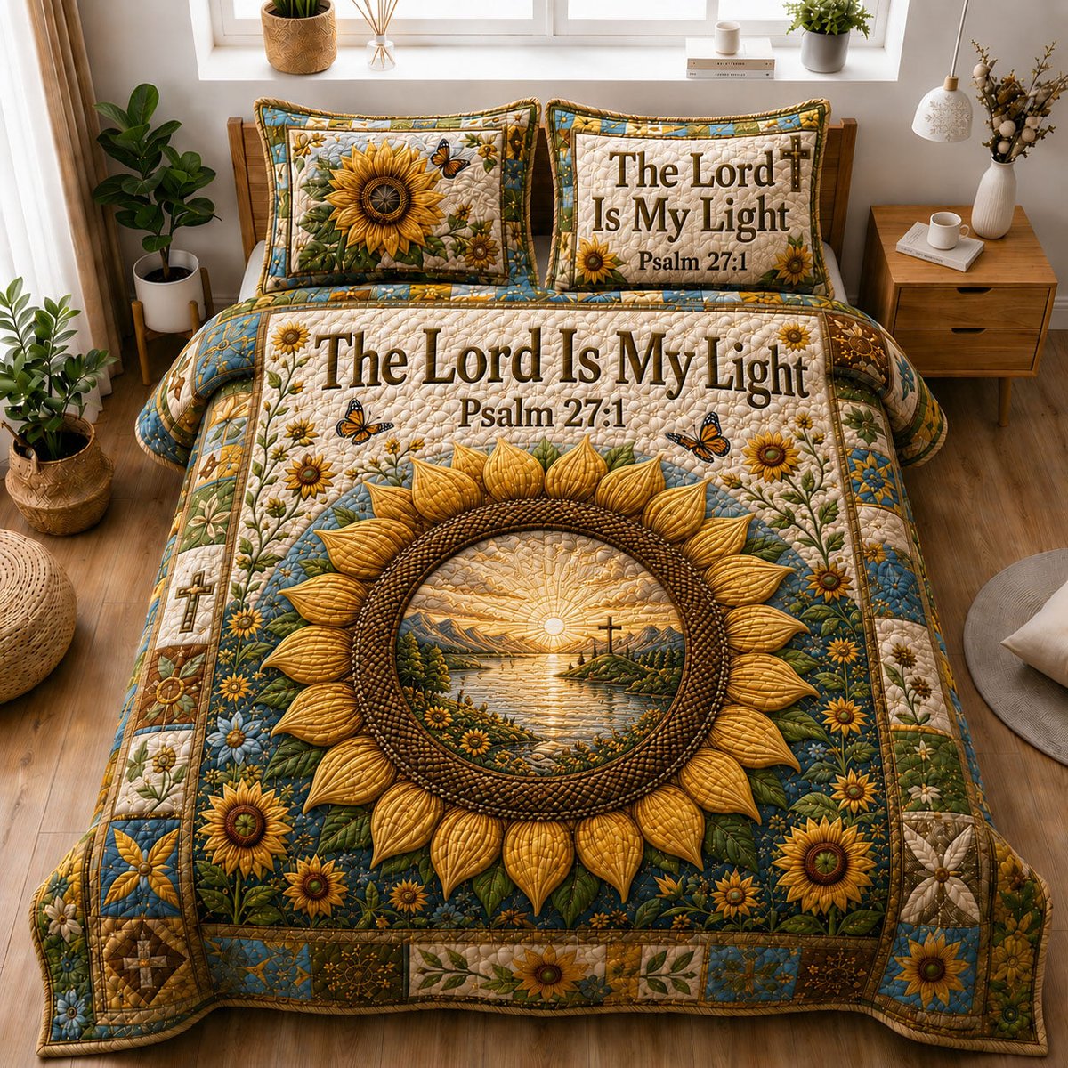 The Lord Is My Light Sunflower 3 Piece Quilted Bedding Set Gift For Flower Lovers