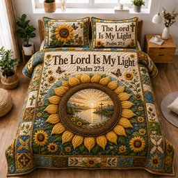 The Lord Is My Light Sunflower 3 Piece Quilted Bedding Set Gift For Flower Lovers