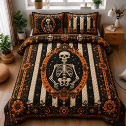 Victorian Skeleton Cameo 3 Piece Quilted Bedding Set Gift For Gothic Decor Lovers
