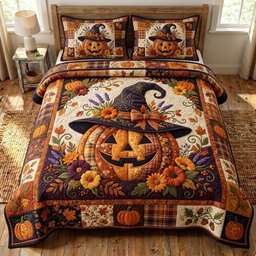 Pumpkin Patch 3 Piece Quilted Bedding Set Gift For Farmhouse Decor Lovers