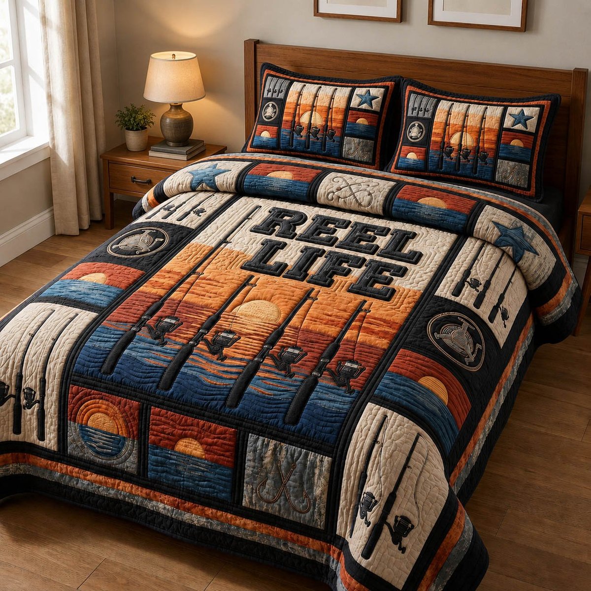 Reel Life Fishing 3 Piece Quilted Bedding Set Gift For Fishing Lovers