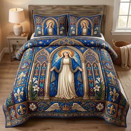 Holy Mother Christian 3 Piece Quilted Bedding Set Gift For Christians