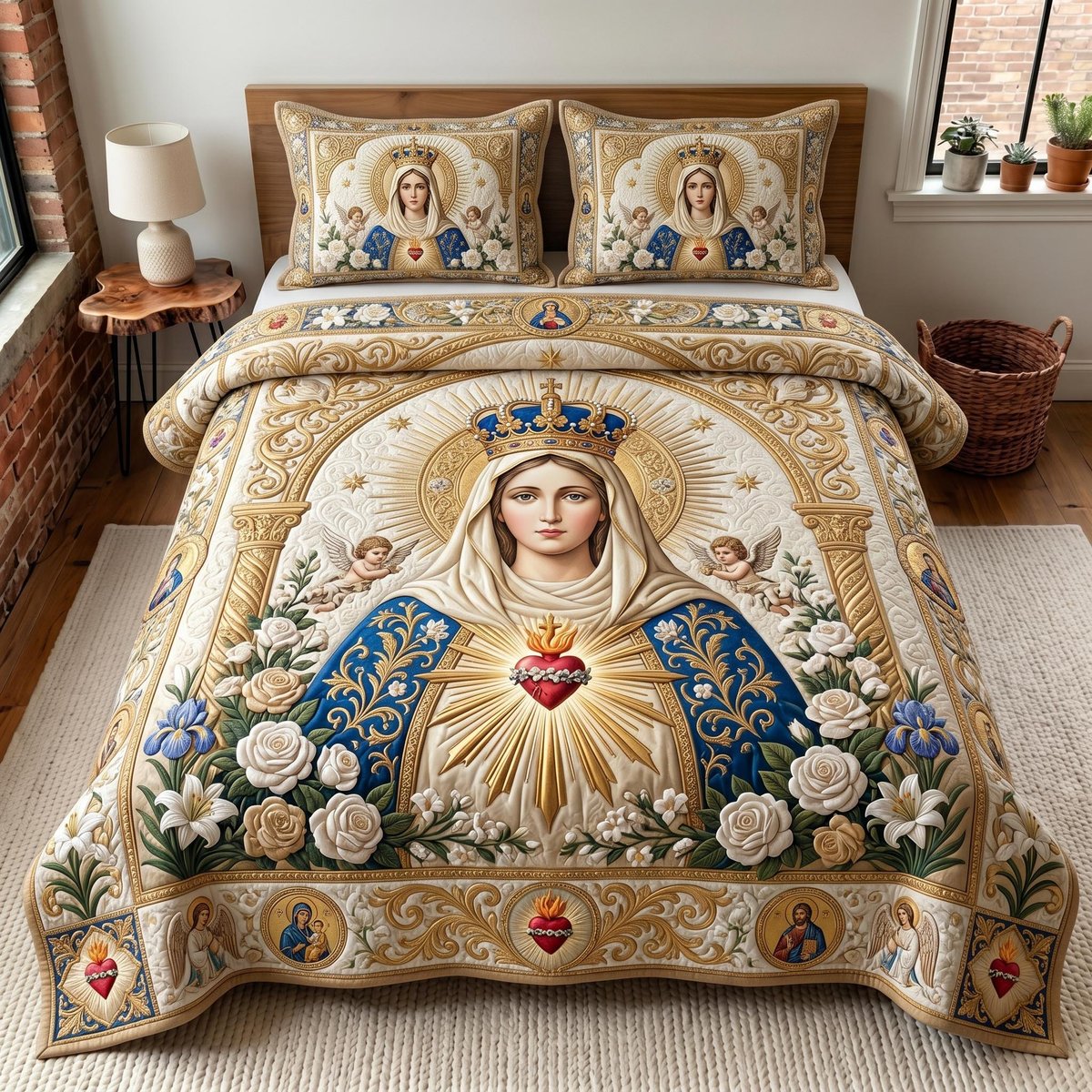 Virgin Grace Christian 3 Piece Quilted Bedding Set Gift For Christians