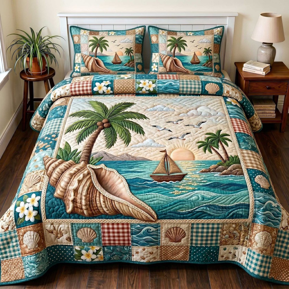 Coastal Serenity Beach 3 Piece Quilted Bedding Set Gift For Beach Lovers