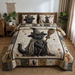 Witchy Black Cat 3 Piece Quilted Bedding Set Gift For Cat Lovers
