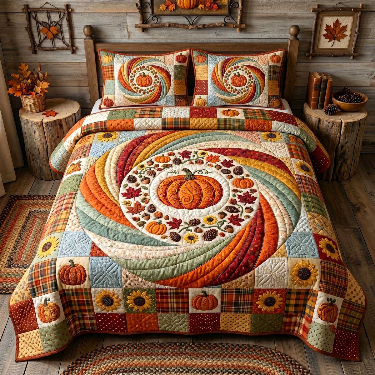 Pumpkin Swirls 3 Piece Quilted Bedding Set Gift For Farmhouse Decor Lovers