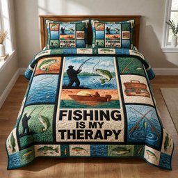 Lakeside Fishing Sunset 3 Piece Quilted Bedding Set Gift For Fishing Lovers