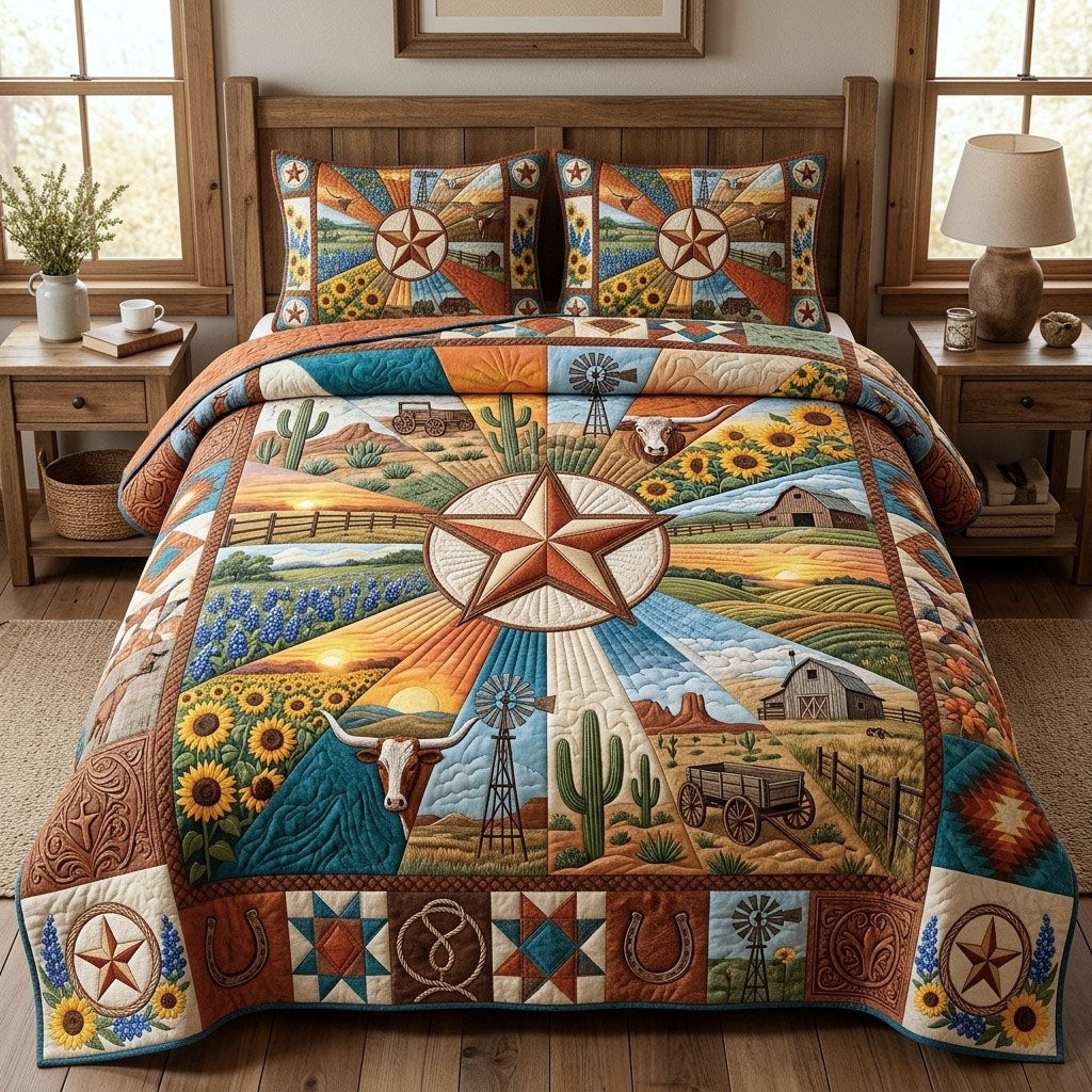 Texas Roots Cowboy 3 Piece Quilted Bedding Set Gift For Western Lovers