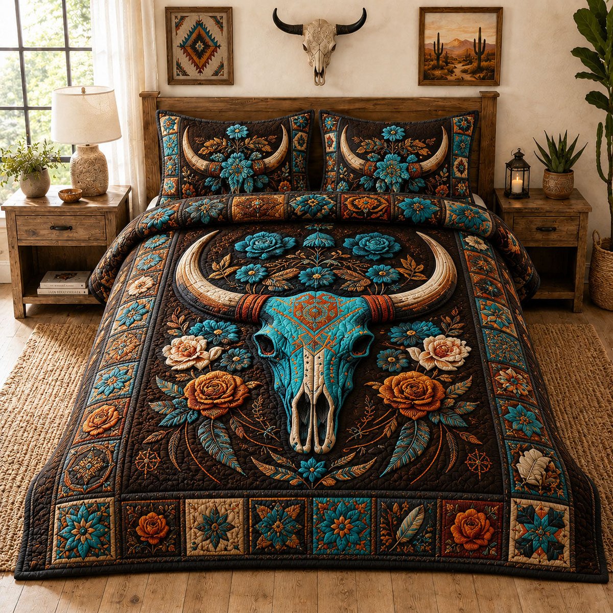 Turquoise Rose Longhorn Skull Western 3 Piece Quilted Bedding Set Gift For Western Lovers