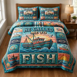 He Call Me to Fish 3 Piece Quilted Bedding Set Gift For Fishing Lovers