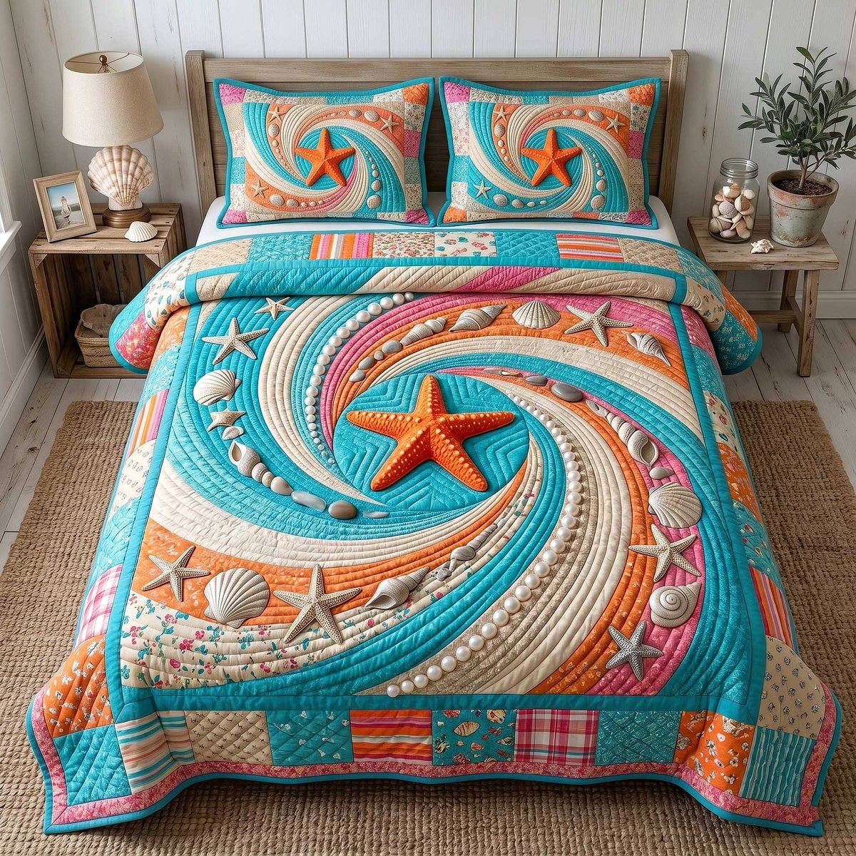 Ocean Whirl Beach 3 Piece Quilted Bedding Set Gift For Beach Lovers