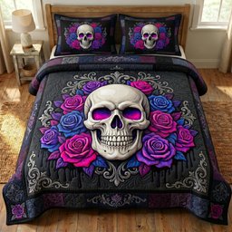 Floral Skull 3 Piece Quilted Bedding Set Gift For Flower Lovers