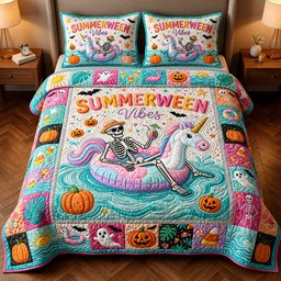 Summerween Vibes Cat 3 Piece Quilted Bedding Set Gift For Cat Lovers