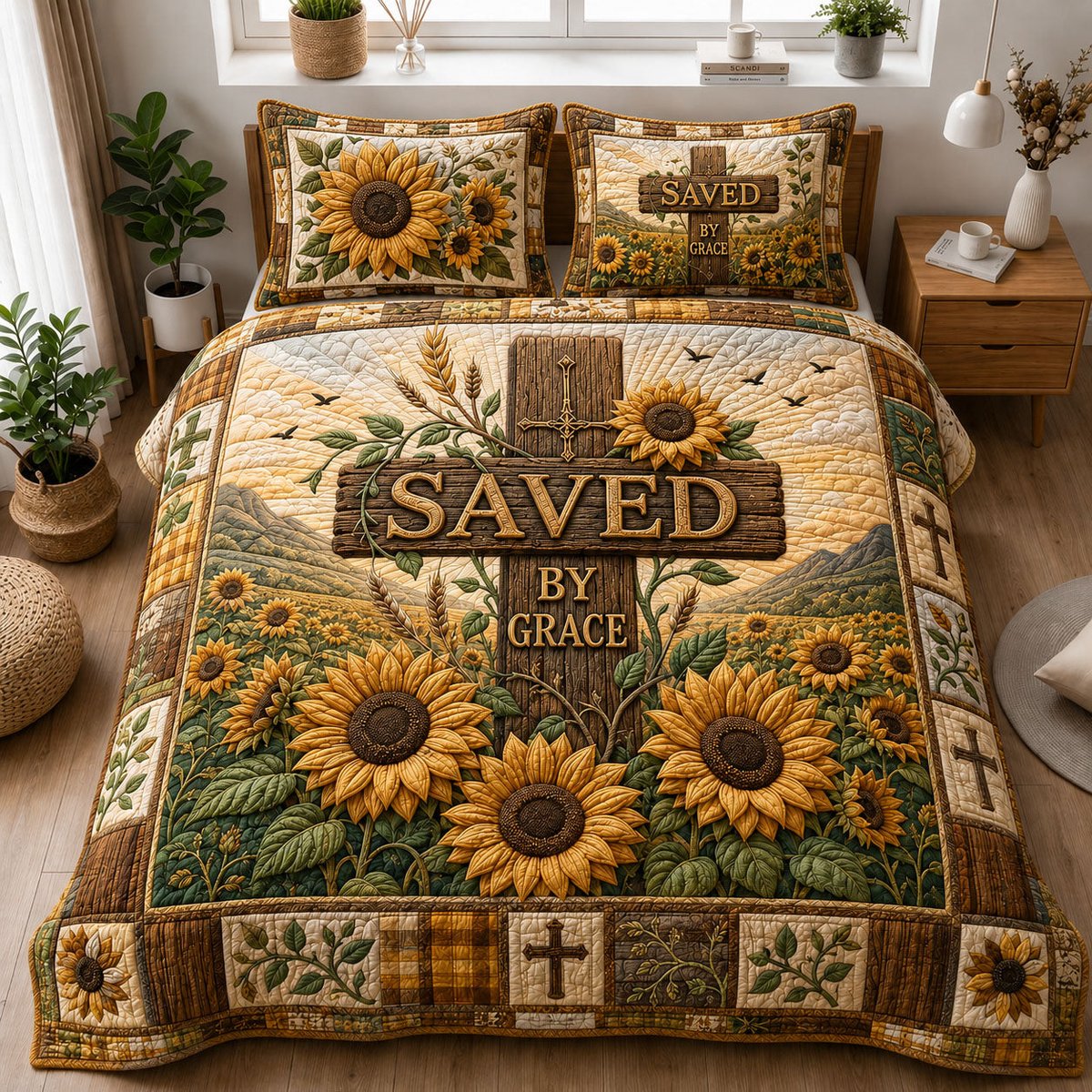 Saved by Grace Rustic Sunflower Cross 3 Piece Quilted Bedding Set Gift For Christians