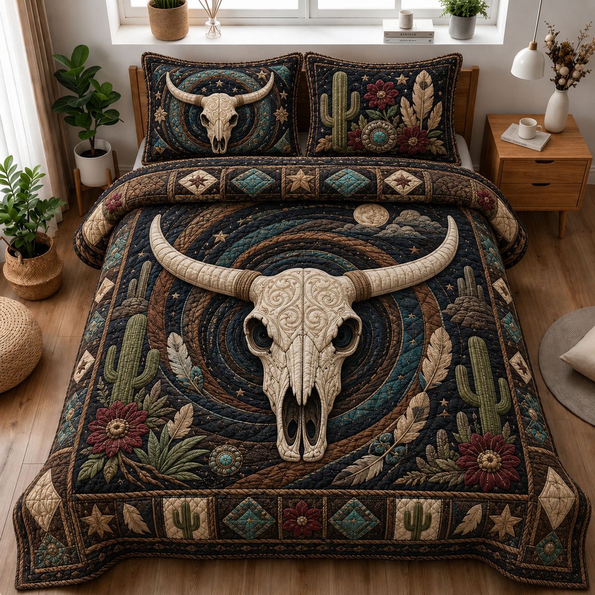 Boho Desert Longhorn Skull Nightscape 3 Piece Quilted Bedding Set Gift For Western Lovers