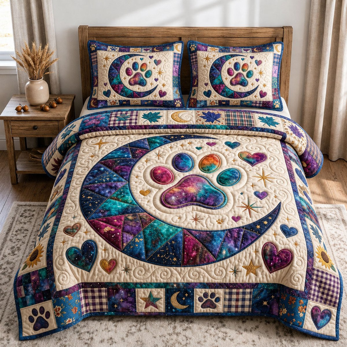 Galaxy Moon Paw Cat 3 Piece Quilted Bedding Set Gift For Dog Lovers