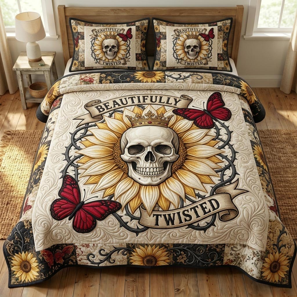 Floral Skull 3 Piece Quilted Bedding Set Gift For Flower Lovers