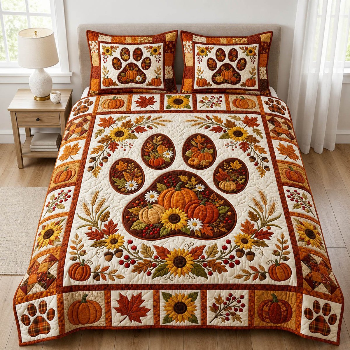 Paw Print 3 Piece Quilted Bedding Set Gift For Dog Lovers