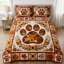 Paw Print 3 Piece Quilted Bedding Set Gift For Dog Lovers