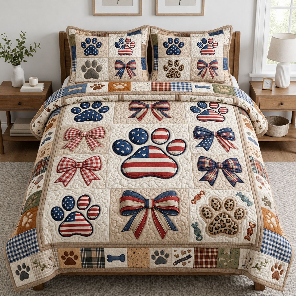 America Paw Bow Cat 3 Piece Quilted Bedding Set Gift For Dog Lovers