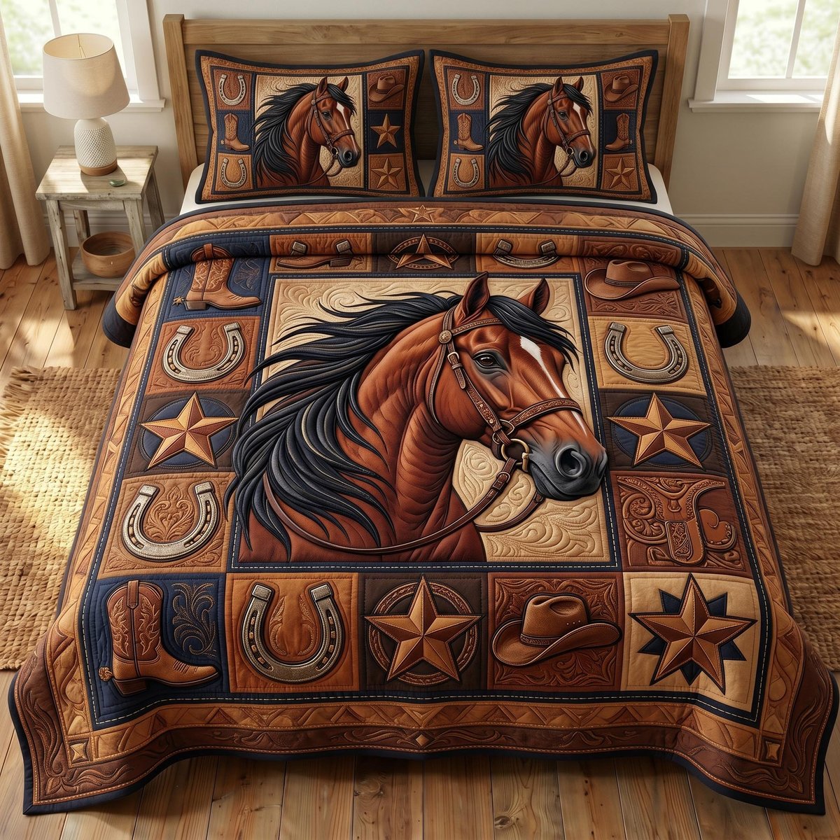 Farmhouse Horse 3 Piece Quilted Bedding Set Gift For Horse Lovers