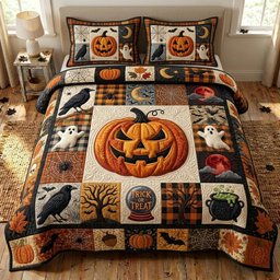 Pumpkin Patch 3 Piece Quilted Bedding Set Gift For Farmhouse Decor Lovers