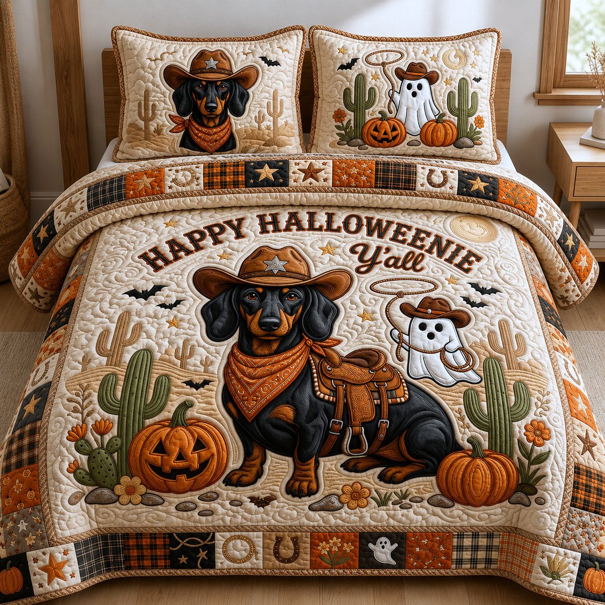 Western Dachshund Dog 3 Piece Quilted Bedding Set Halloween Gift For Dog Lovers