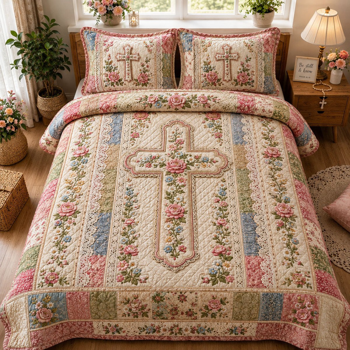 Vintage Floral Lace Cross Christian 3 Piece Quilted Bedding Set Gift For Christians