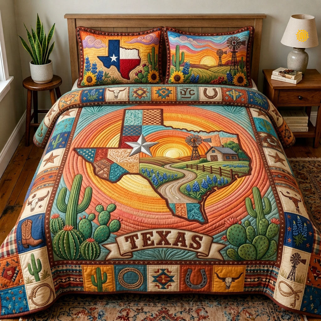 Texas Sunset Cactus Cowboy 3 Piece Quilted Bedding Set Gift For Western Lovers