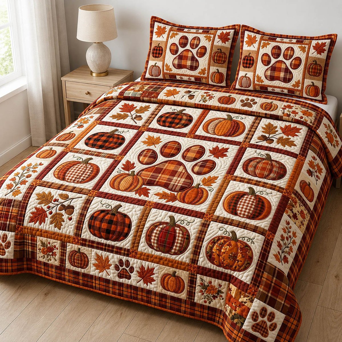 Paw Print 3 Piece Quilted Bedding Set Gift For Dog Lovers