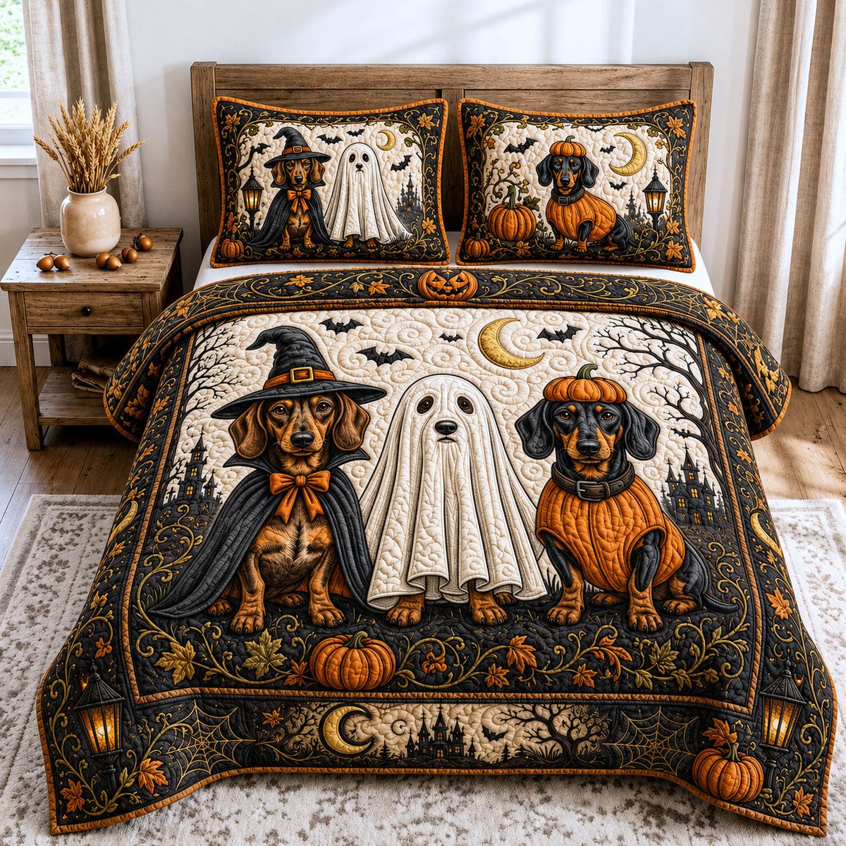 Dachshund Dog 3 Piece Quilted Bedding Set Halloween Gift For Dog Lovers