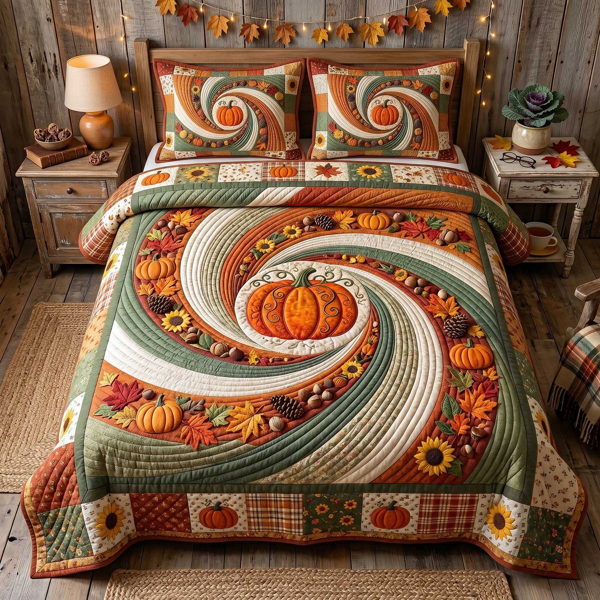 Pumpkin Swirls 3 Piece Quilted Bedding Set Gift For Farmhouse Decor Lovers