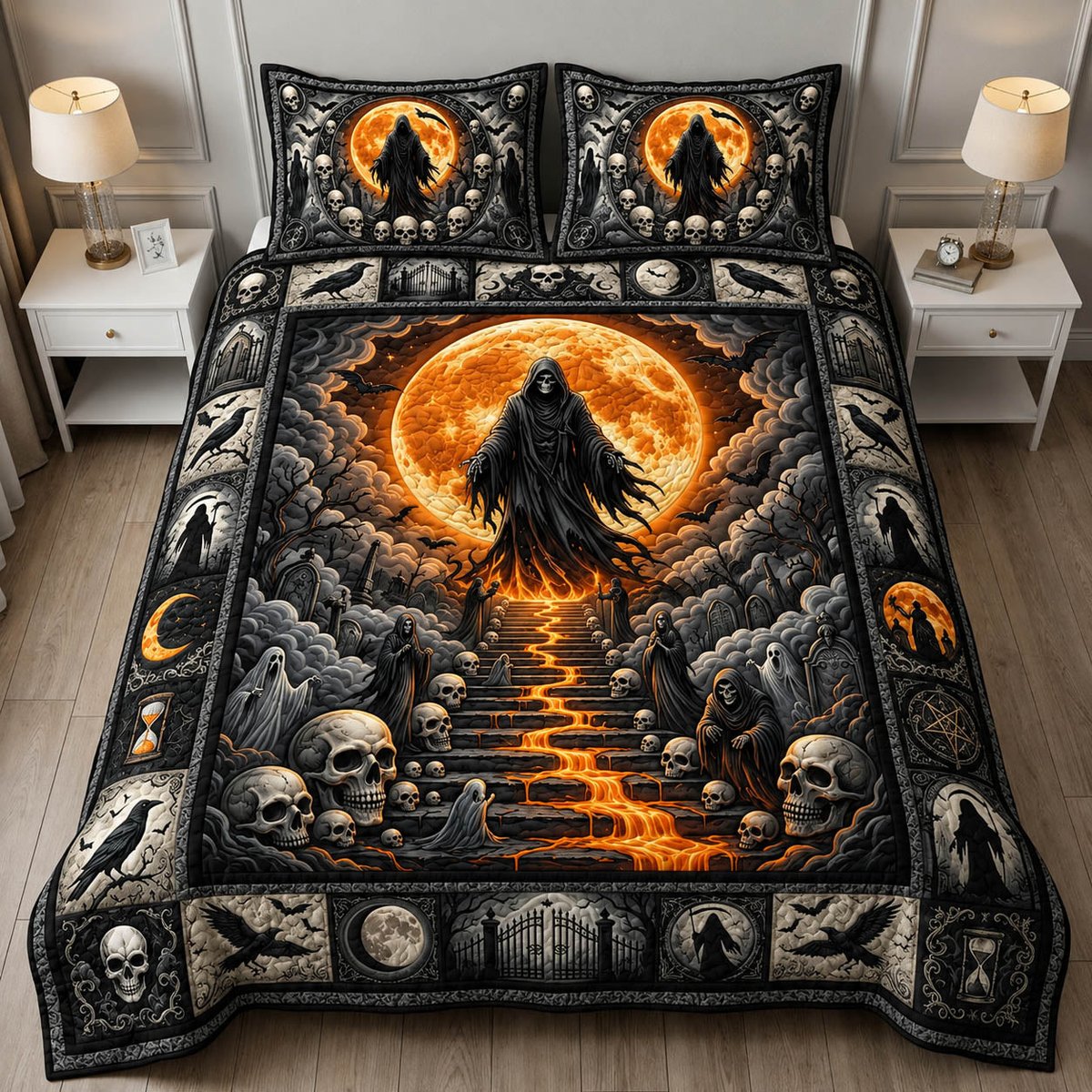 Grim Reaper 3 Piece Quilted Bedding Set Gift For Cat Lovers