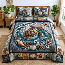 Ancient Turtle Beach 3 Piece Quilted Bedding Set Gift For Turtle Lovers