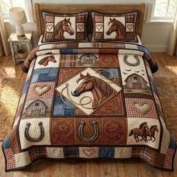 Farmhouse Horse 3 Piece Quilted Bedding Set Gift For Horse Lovers